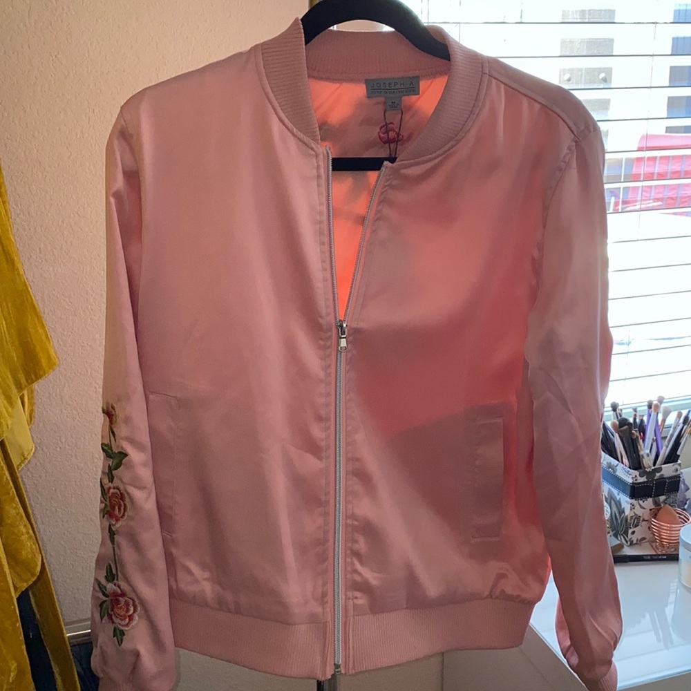 Satin pink bomber jacket with embroidery